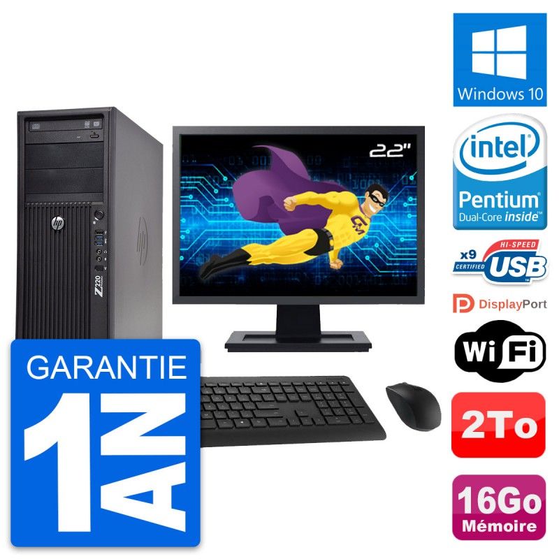 HP WorkStation Z220 Desktop PC - 22" Screen, Intel Pentium G2020, 16GB RAM, 2TB HDD, Windows 10, WiFi