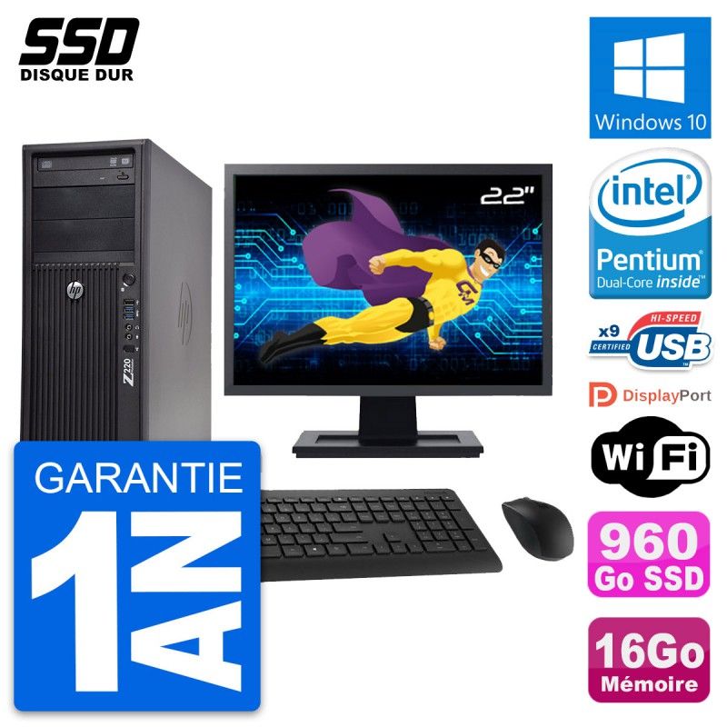 HP WorkStation Z220 Desktop PC - 22" Screen, Intel Pentium G2020, 16GB RAM, 960GB SSD, Windows 10, WiFi