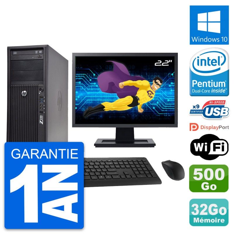 Station de travail HP Z220 - Écran 22 pouces, Pentium G2020, 32 Go de RAM, 500 Go SSD, Windows 10, WiFi