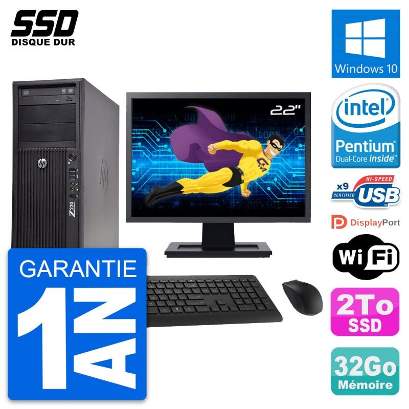 HP WorkStation Z220 Desktop PC - 22" Screen, Intel Pentium G2020, 32GB RAM, 2TB SSD, Windows 10, WiFi