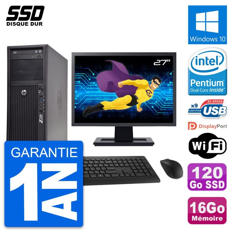 HP WorkStation Z220 Desktop Computer - 27" Screen, Intel Pentium G2020, 16GB RAM, 120GB SSD, Windows 10, WiFi