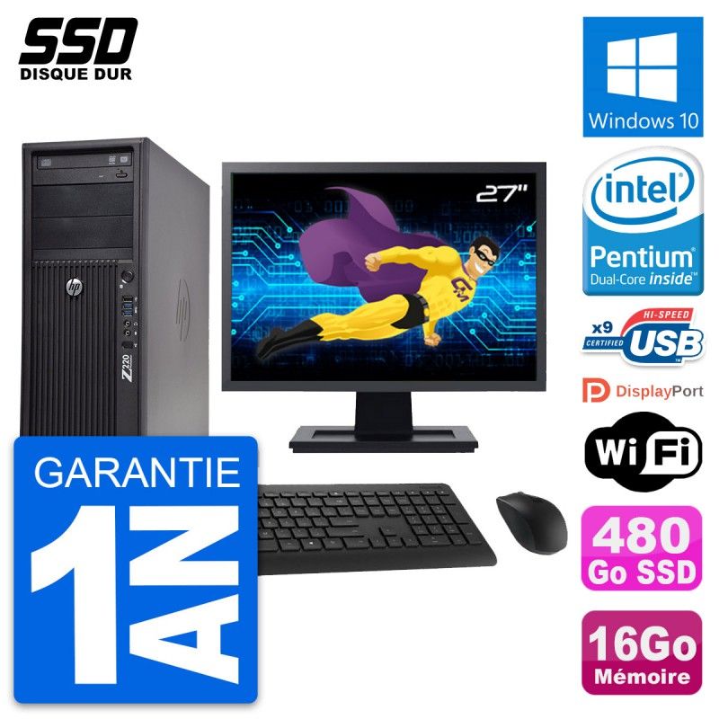 HP WorkStation Z220 Desktop PC - 27" Display, Intel Pentium G2020, 16GB RAM, 480GB SSD, Windows 10, WiFi