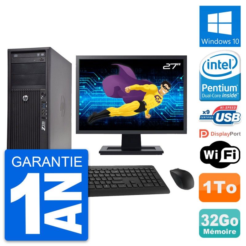 HP WorkStation Z220 Desktop PC - 27" Screen, Intel Pentium G2020, 32GB RAM, 1TB HDD, Windows 10, Wi-Fi