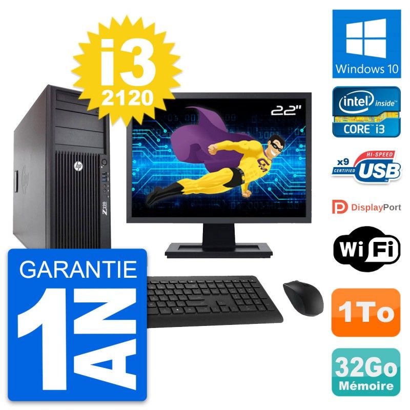 HP Z220 Workstation Computer - 22" Screen, Intel Core i3-3220, 32GB RAM, 1TB HDD, Windows 10, WiFi