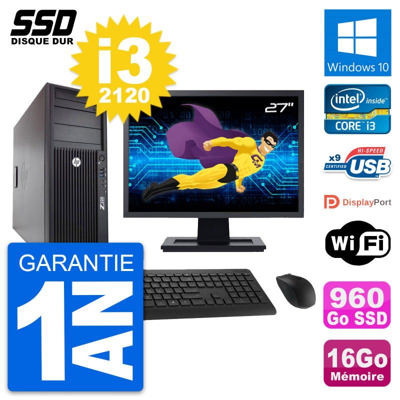 Ordinateur de bureau HP WorkStation Z220 - Écran 27'', Intel Core i3-3220, 16 Go RAM, 960 Go SSD, Windows 10, WiFi