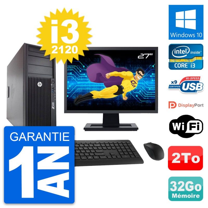 HP Z220 Workstation PC - 27" Screen, Intel Core i3-3220, 32GB RAM, 2TB Hard Drive, Windows 10, WiFi