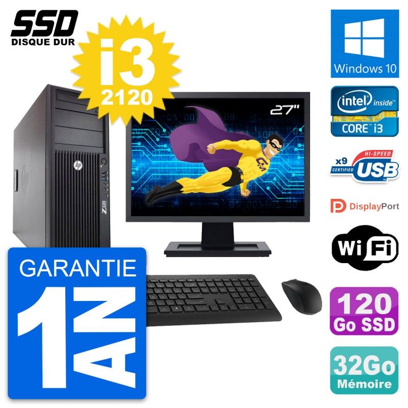 Station de travail HP Z220 - Écran 27'', Intel Core i3-3220, 32 Go de RAM, 120 Go SSD, Windows 10, Wifi