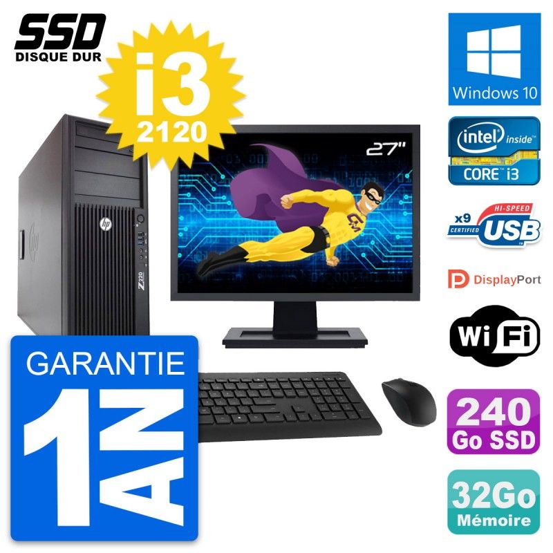 Station de travail HP Z220 - Écran 27'', Intel Core i3-3220, 32 Go RAM, 240 Go SSD, Windows 10, Wifi