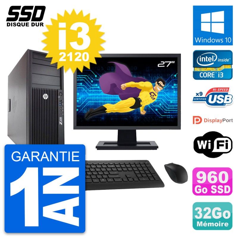 Ordinateur de bureau HP WorkStation Z220 - Écran 27'', Intel Core i3-3220, 32 Go de RAM, 960 Go SSD, Windows 10, Wi-Fi