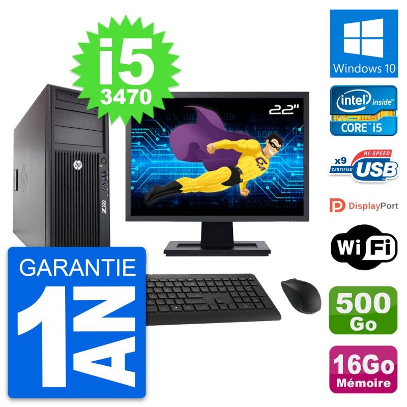 HP Z220 Workstation PC - 22" Screen, Intel i5-3470, 16GB RAM, 500GB HDD, WiFi