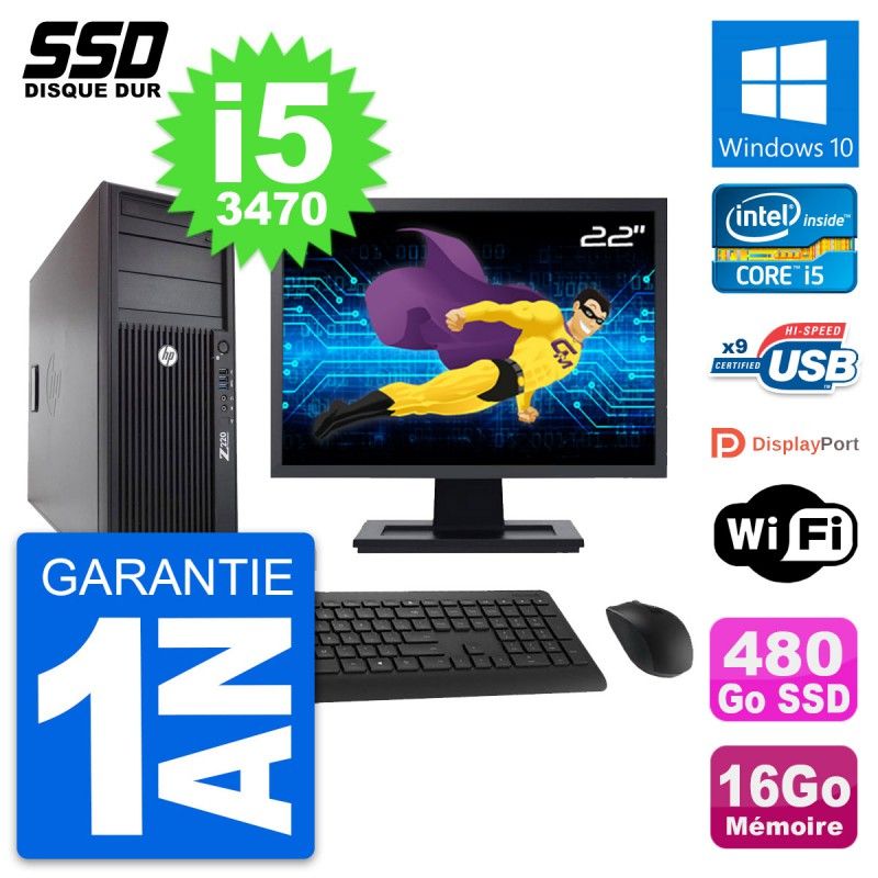 HP WorkStation Z220 Desktop Computer, 22-inch Screen, i5-3470, 16GB RAM, 480GB SSD, Windows 10, Wifi
