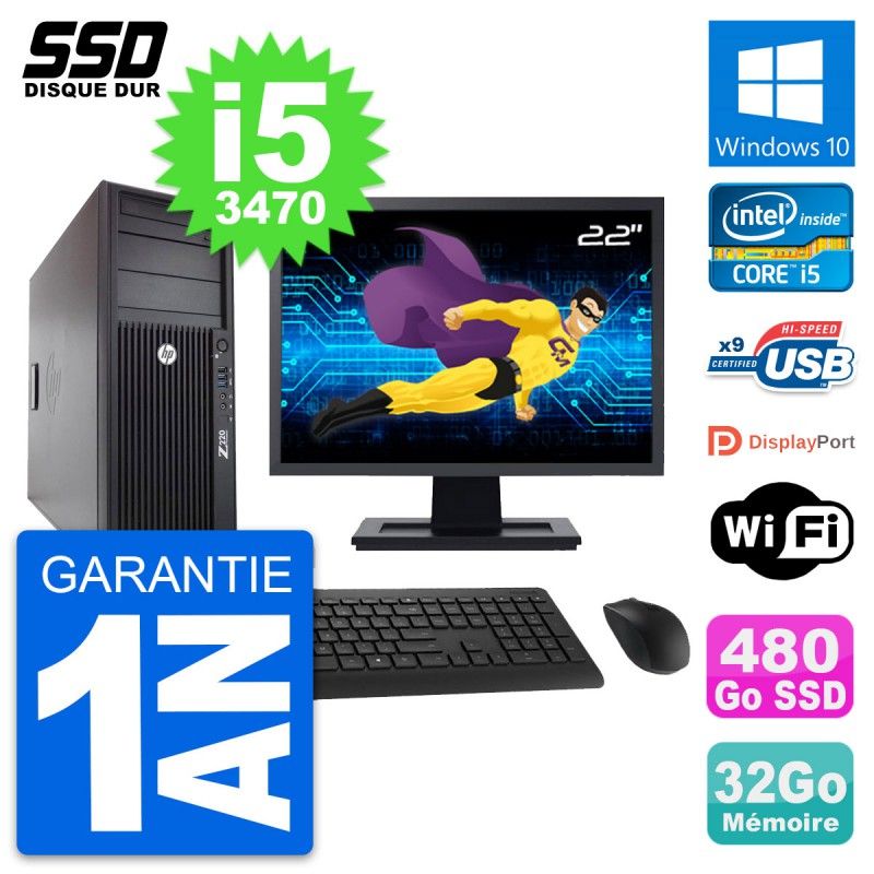 HP WorkStation Z220 Desktop PC - 22" Screen, i5-3470, 32GB RAM, 480GB SSD, Windows 10, WiFi