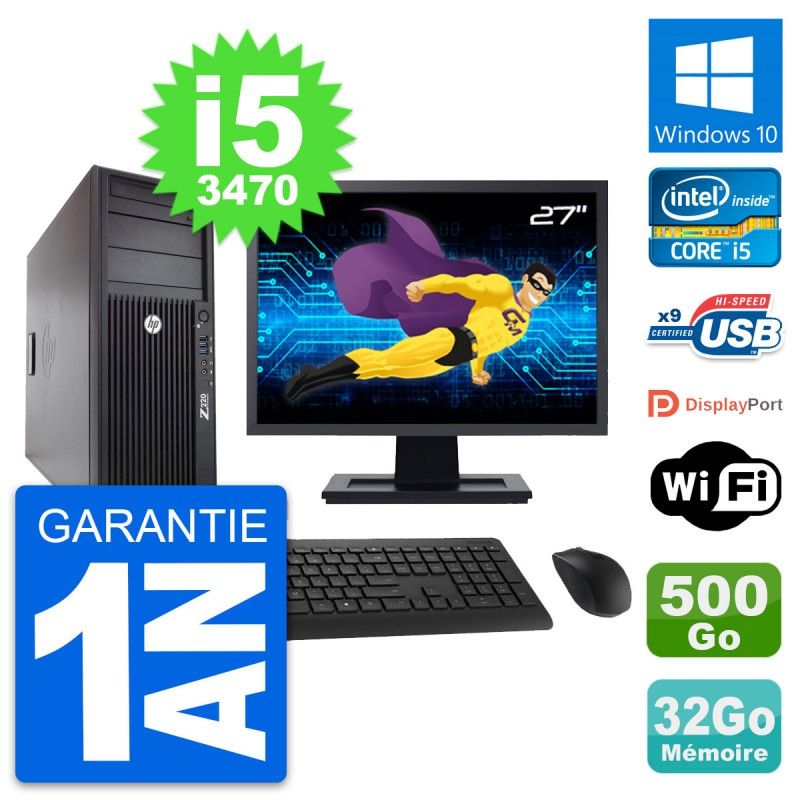 Estación de trabajo HP Z220 - Pantalla de 27'', Intel Core i5-3470, 32 GB RAM, 500 GB HDD, Windows 10, WiFi