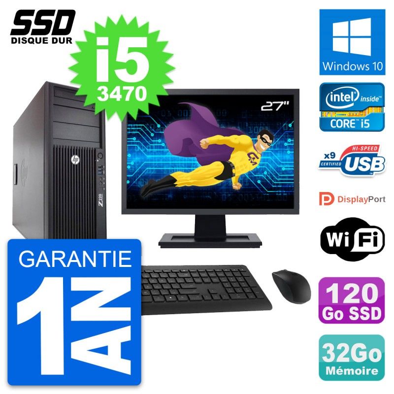 HP WorkStation Z220 Desktop PC - 27" Screen, i5-3470, 32GB RAM, 120GB SSD, Windows 10, Wi-Fi