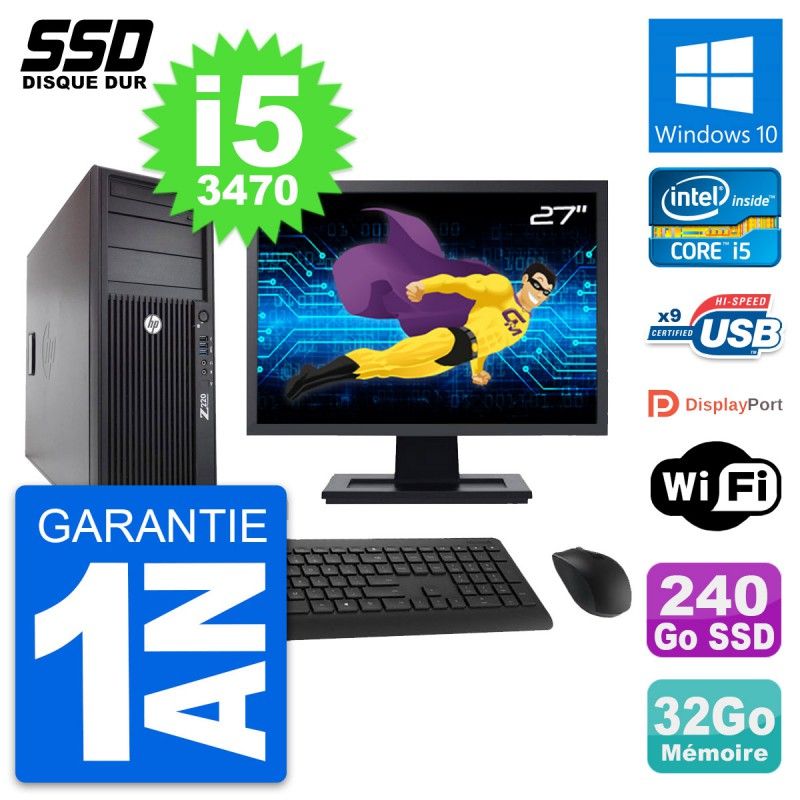HP WorkStation Z220 Desktop PC - 27" Screen, i5-3470, 32GB RAM, 240GB SSD, Windows 10, WiFi