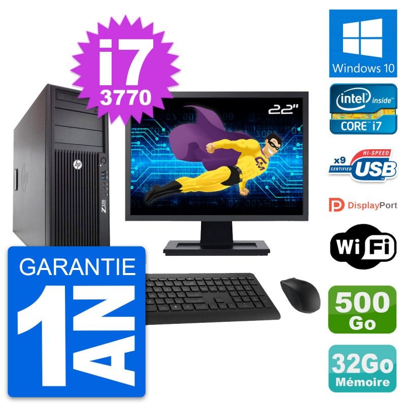 HP Z220 Workstation PC - 22" Screen, Intel i7-3770, 32GB RAM, 500GB HDD, Windows 10, WiFi