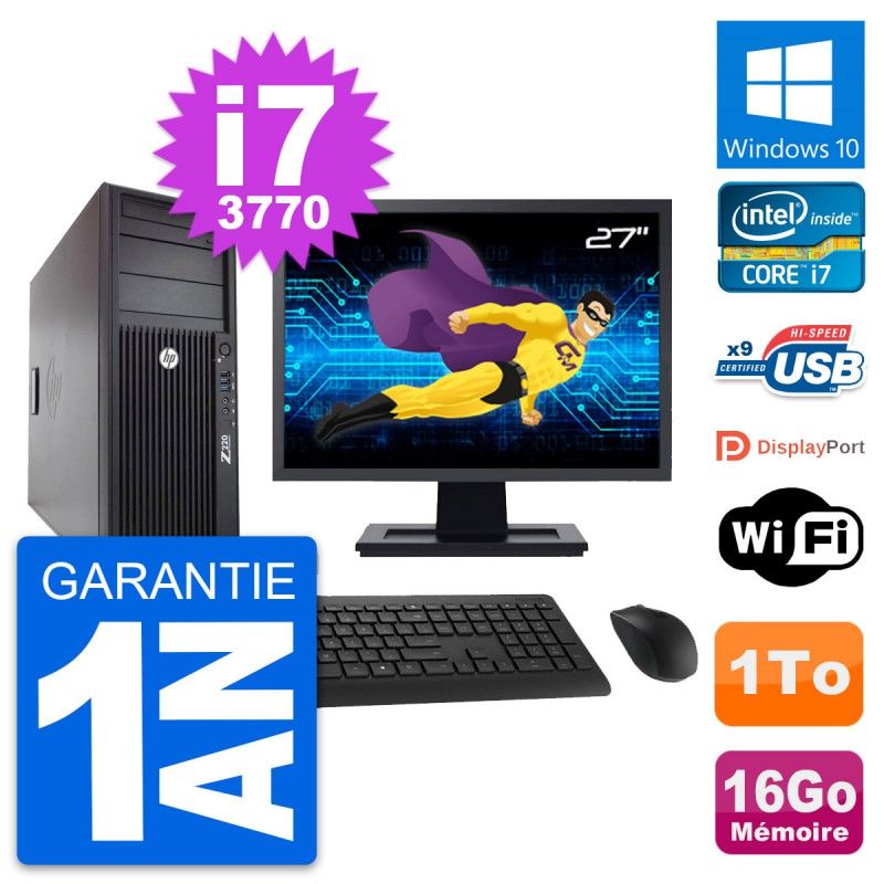 Ordinateur de bureau HP Z220 - Écran 27'', Intel Core i7-3770, 16 Go RAM, 1 To HDD, Windows 10, Wi-Fi