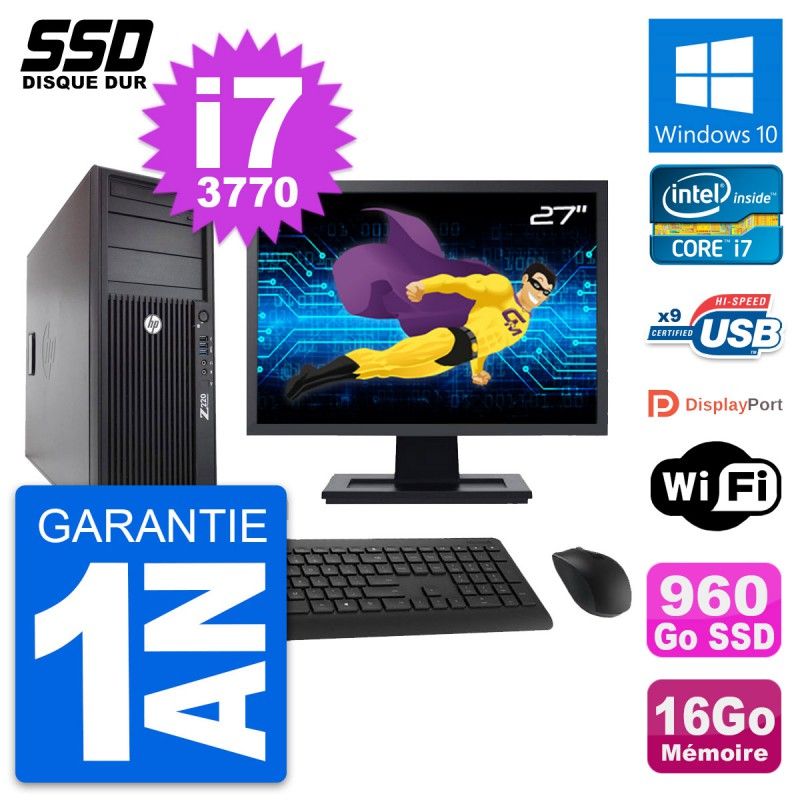 Station de travail HP Z220 - Écran 27'', Intel Core i7-3770, 16 Go RAM, 960 Go SSD, Windows 10, WiFi