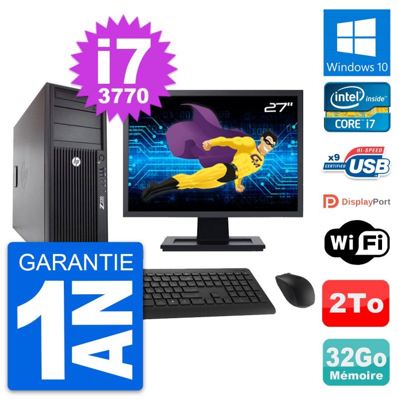 Station de travail HP Z220 - Écran 27'', Intel Core i7-3770, 32 Go de RAM, 2 To HDD, Windows 10, Wi-Fi
