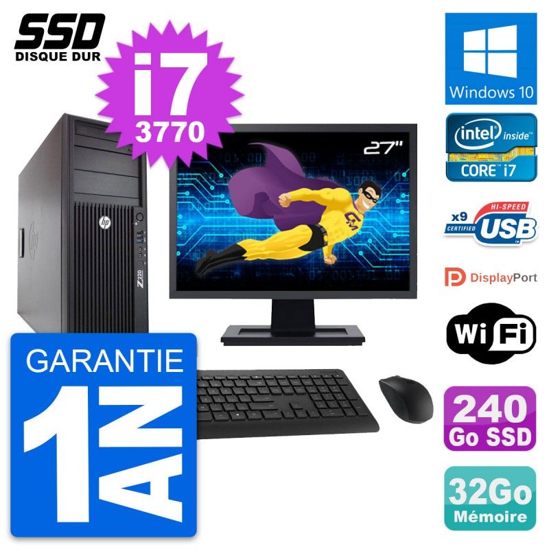 Station de travail HP Z220 - Écran 27'', Intel Core i7-3770, 32 Go RAM, 240 Go SSD, Windows 10, Wi-Fi