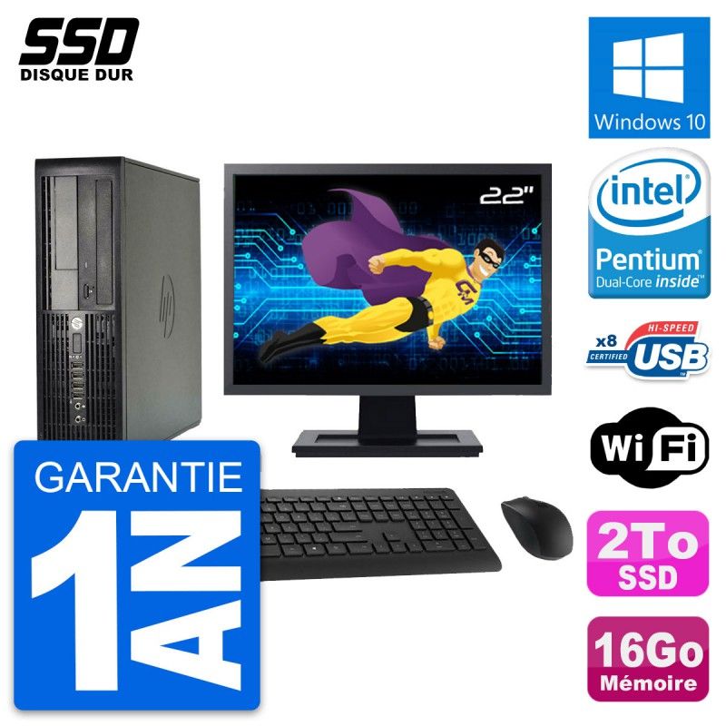Ordinateur de bureau HP Compaq Pro 4300 SFF, Écran 22'', Intel Pentium Dual-Core G2020, 16 Go RAM, 2 To SSD, Windows 10, WiFi