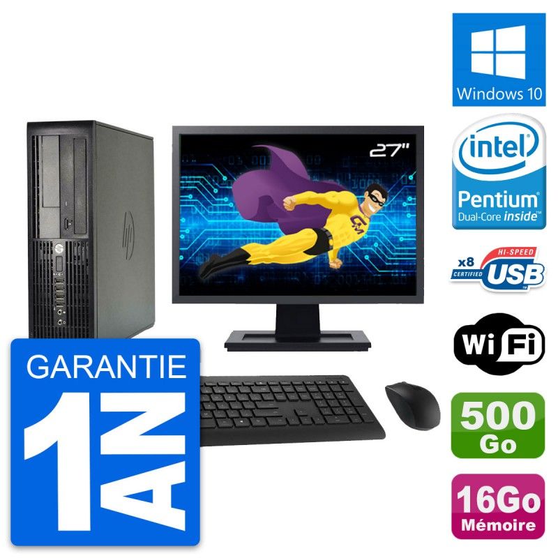 Ordinateur de bureau HP Compaq Pro 4300 SFF | Écran 27'' | Intel Pentium Dual-Core G2020 | 16 Go RAM | Disque dur 500 Go | Windows 10 | Wi-Fi