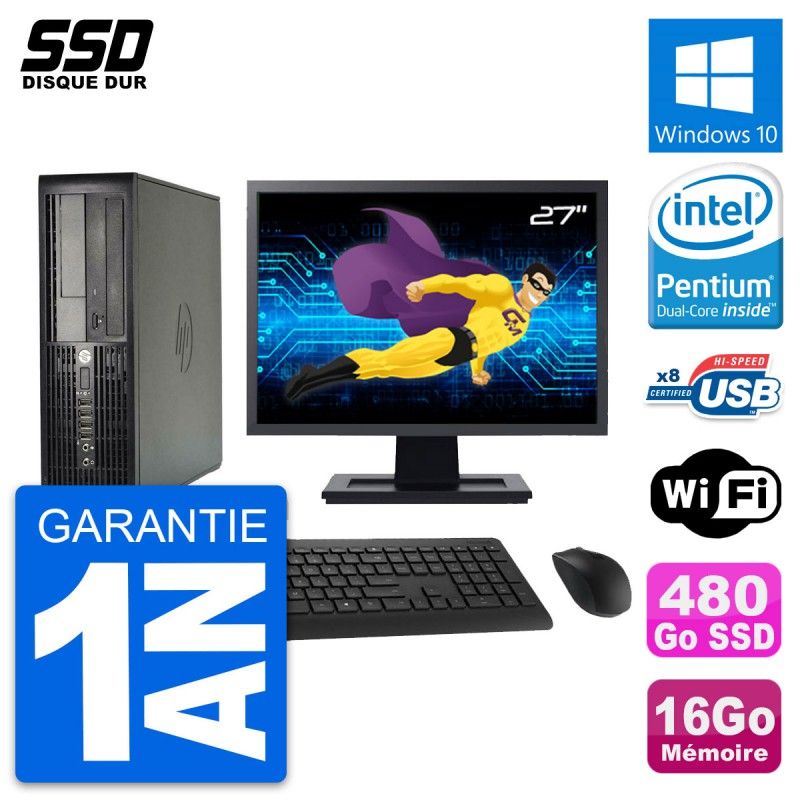 Ordinateur HP Compaq Pro 4300 SFF - Écran 27'', Processeur Intel Pentium Dual-Core G2020, 16 Go de RAM, SSD 480 Go, Windows 10, Wifi