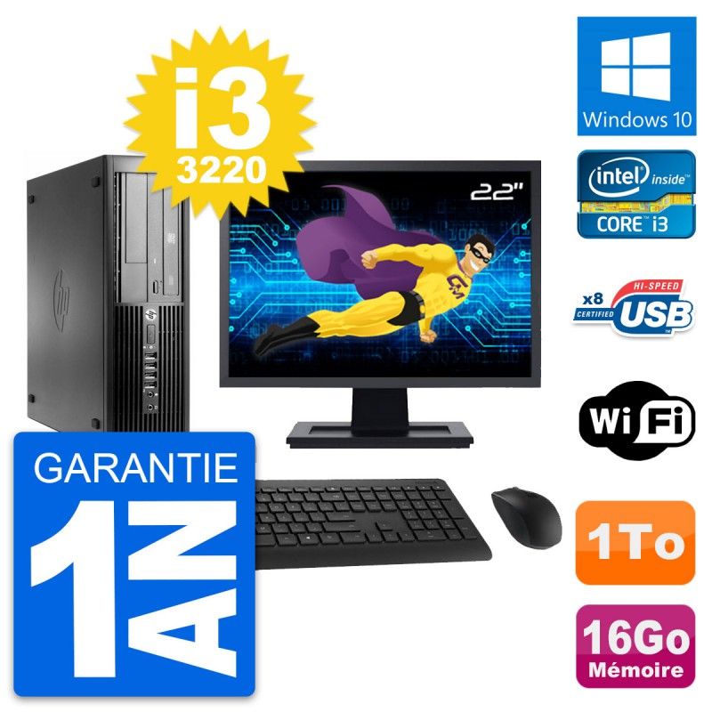 Ordinateur de bureau HP Compaq Pro 4300 SFF - Écran 22'', Intel Core i3-3220, 16 Go RAM, 1 To HDD, Windows 10, WiFi