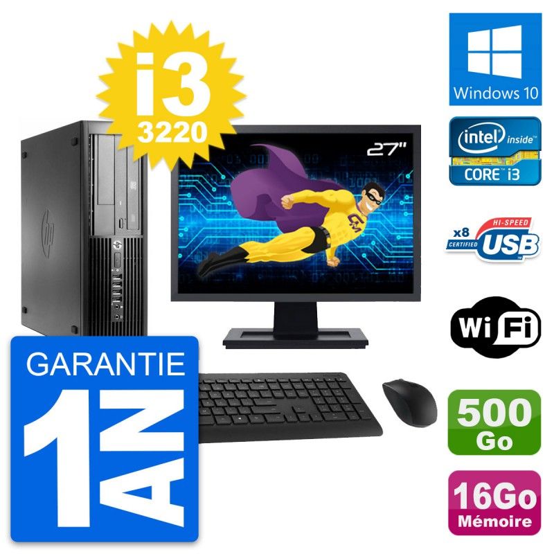 Ordinateur de bureau HP Compaq Pro 4300 SFF - Écran 27'', Intel Core i3-3220, 16 Go RAM, 500 Go SSD, Windows 10, WiFi