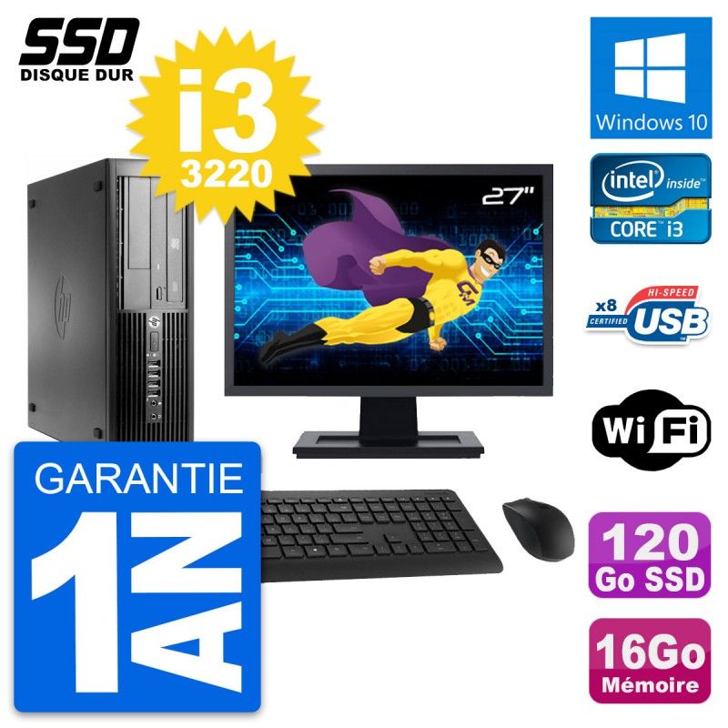 Ordinateur de bureau HP Compaq Pro 4300 SFF, Écran 27'', Processeur Intel Core i3-3220, 16 Go de RAM, SSD 120 Go, Windows 10, WiFi