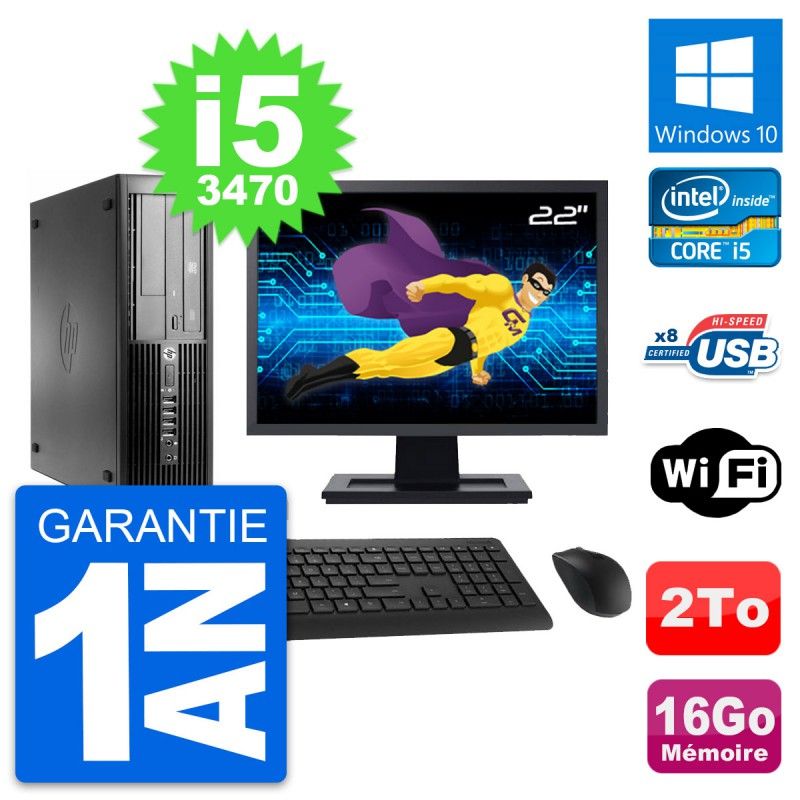 Ordinateur de bureau HP Compaq Pro 4300 SFF - Écran 22'', Processeur Intel Core i5-3470, 16 Go de RAM, Disque dur 2 To, Windows 10, Wi-Fi