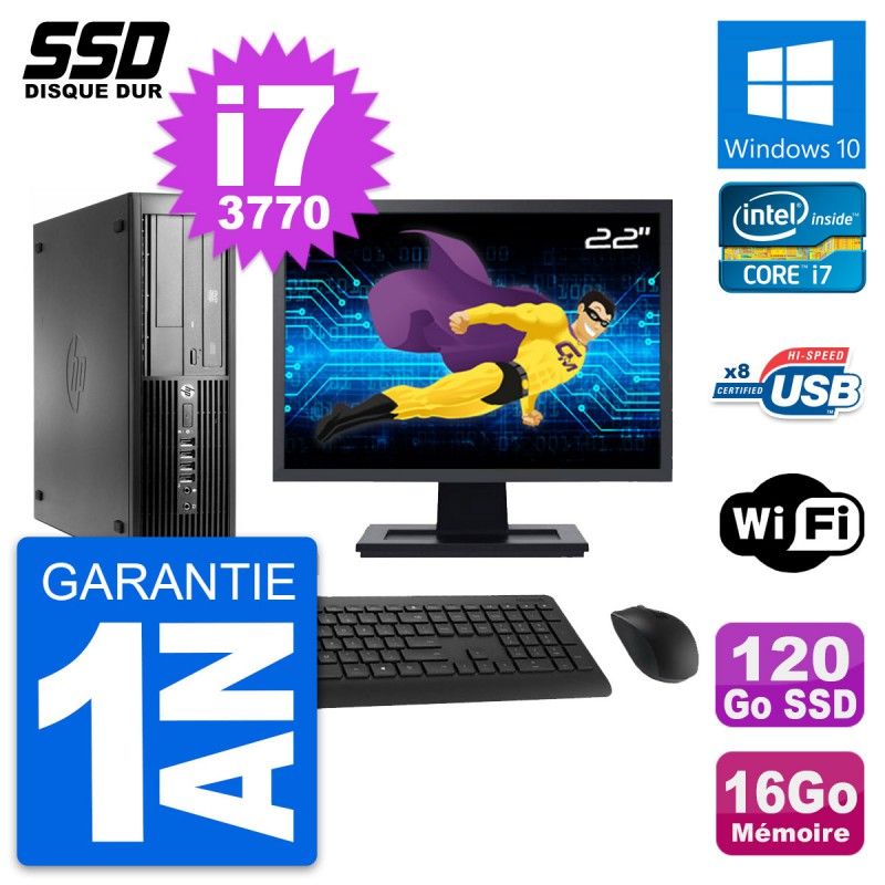 Ordinateur de bureau HP Compaq Pro 4300 SFF - Écran 22', Processeur Intel i7-3770, 16 Go RAM, 120 Go SSD, Windows 10, Wifi