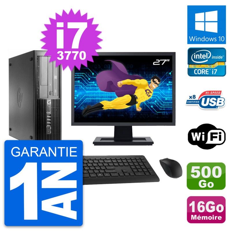 Ordinateur HP Compaq Pro 4300 SFF - Écran 27'', Intel Core i7-3770, 16 Go RAM, 500 Go SSD, Windows 10, WiFi