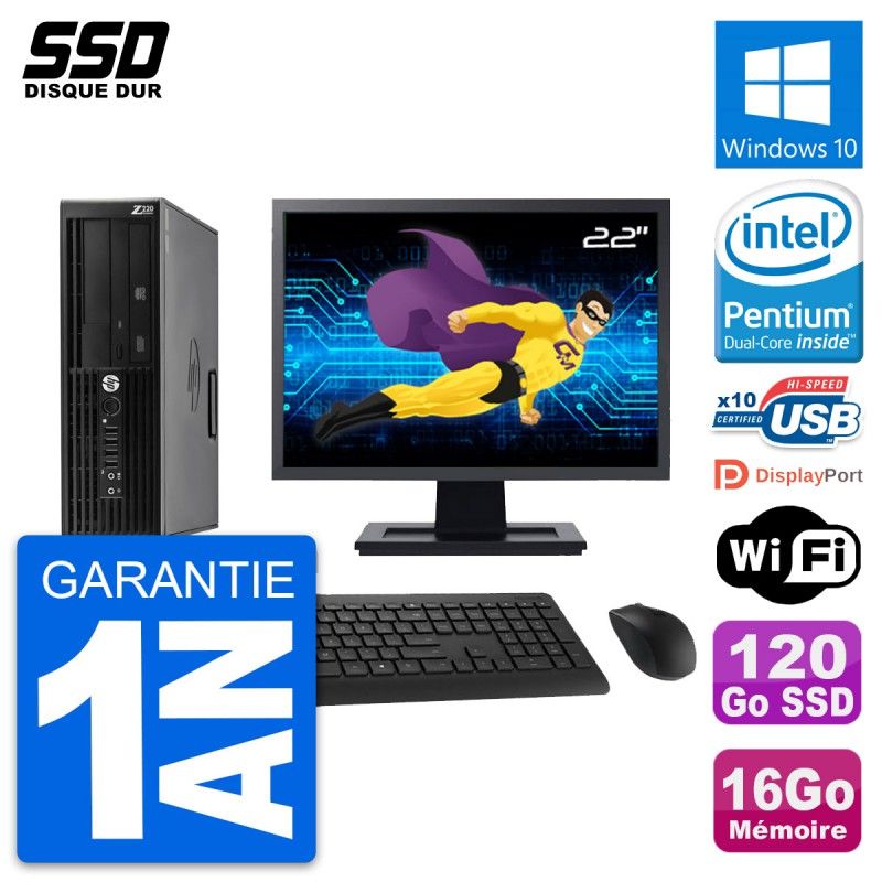 Ordinateur de bureau HP WorkStation Z220 SFF - Écran 22'', Processeur Intel Pentium G2020, 16 Go de RAM, 120 Go SSD, Windows 10, Wi-Fi