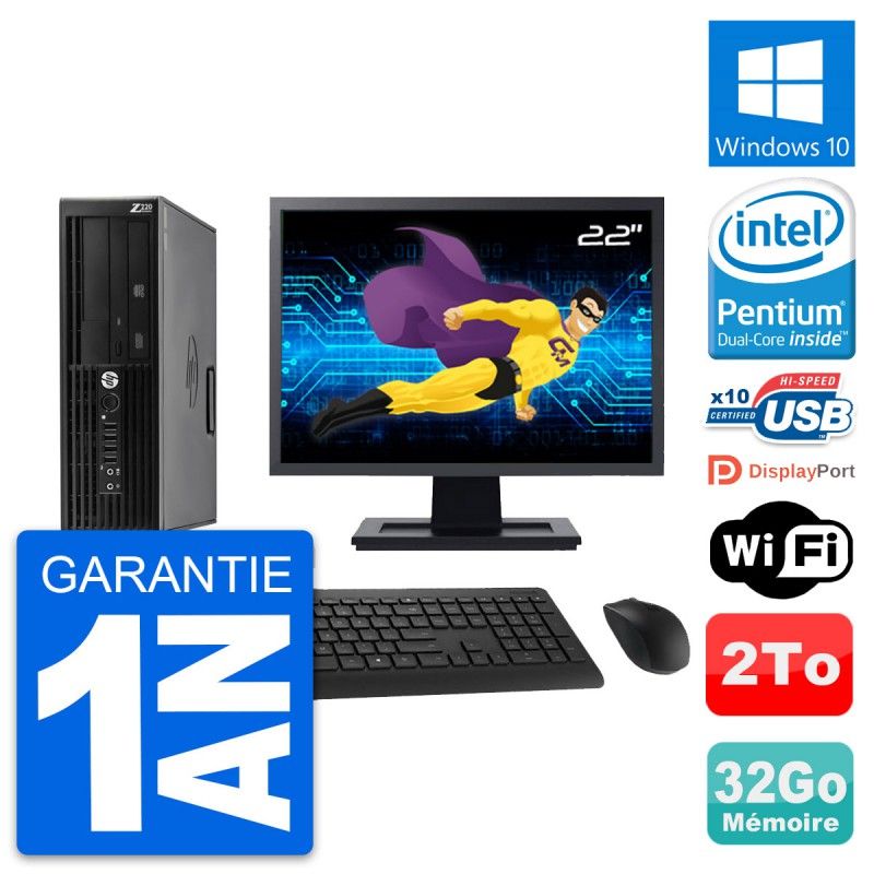 HP WorkStation Z220 SFF Computer - 22" Screen, Intel G2020, 32GB RAM, 2TB HDD, Windows 10, WiFi