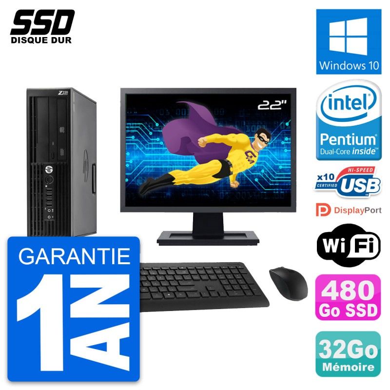 HP Z220 SFF Workstation Computer - 22" Screen, Intel Pentium G2020, 32GB RAM, 480GB SSD, Windows 10, WiFi