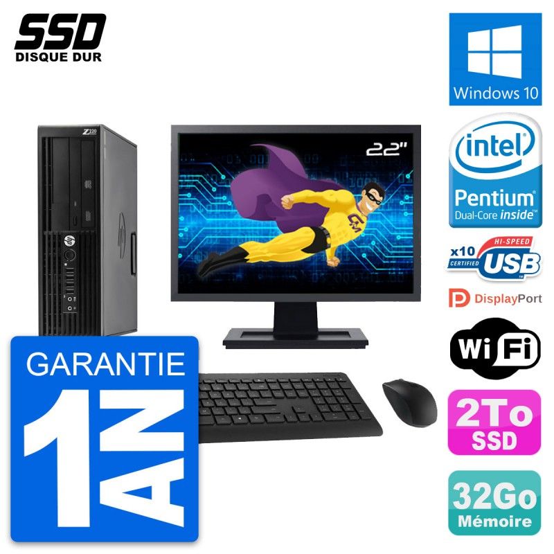 HP WorkStation Z220 SFF Computer - 22" Screen, Intel Pentium G2020, 32GB RAM, 2TB SSD, Windows 10, WiFi