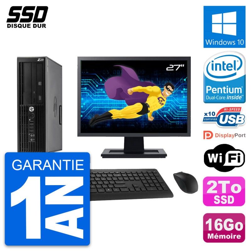 Station de travail HP Z220 SFF - Écran 27'', Processeur Intel Pentium G2020, 16 Go de RAM, 2 To SSD, Windows 10, WiFi