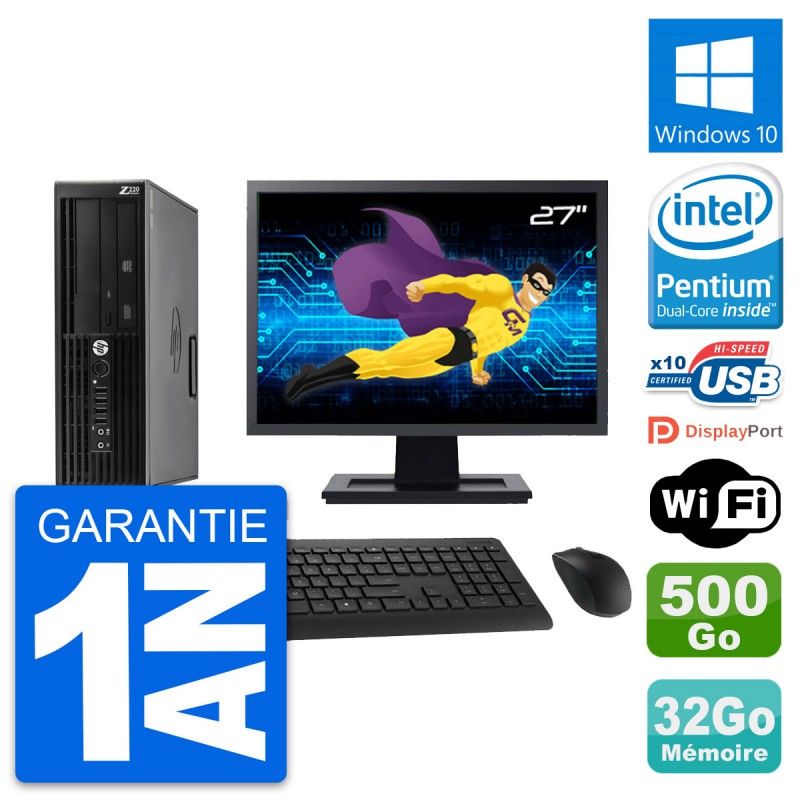 Ordinateur de bureau HP Z220 SFF - Écran 27'', Processeur Intel Pentium G2020, 32 Go de RAM, Disque dur 500 Go, Windows 10, Wifi
