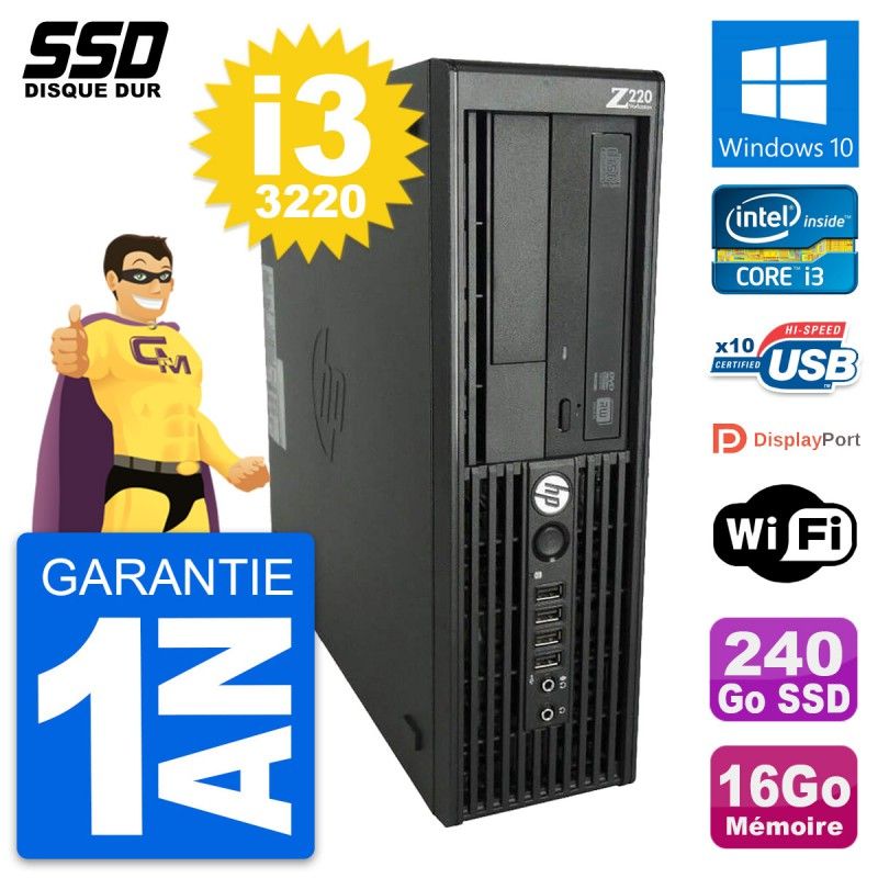 Station de travail HP Z220 SFF - Processeur Intel Core i3-3220, 16 Go de RAM, SSD 240 Go, Windows 10, Wi-Fi