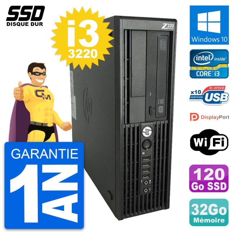 Station de travail HP Z220 SFF - Intel Core i3-3220, 32 Go de RAM, 120 Go SSD, Windows 10, WiFi