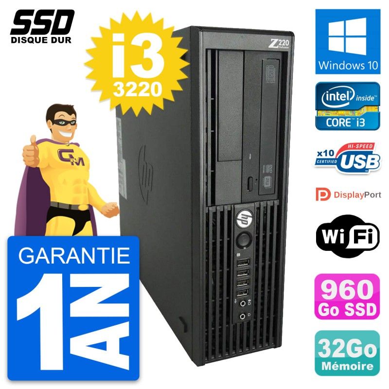 Station de travail HP Z220 SFF - Intel Core i3-3220, 32 Go de RAM, 960 Go SSD, Windows 10, WiFi