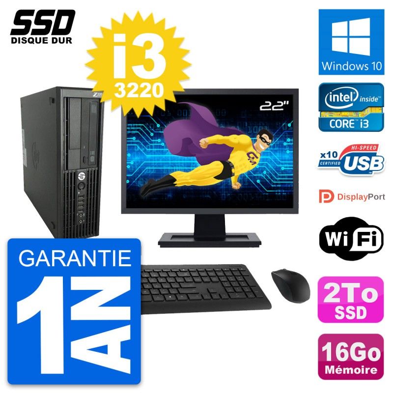 HP WorkStation Z220 SFF Computer - 22" Screen, i3-3220, 16GB RAM, 2TB SSD, Windows 10, Wifi