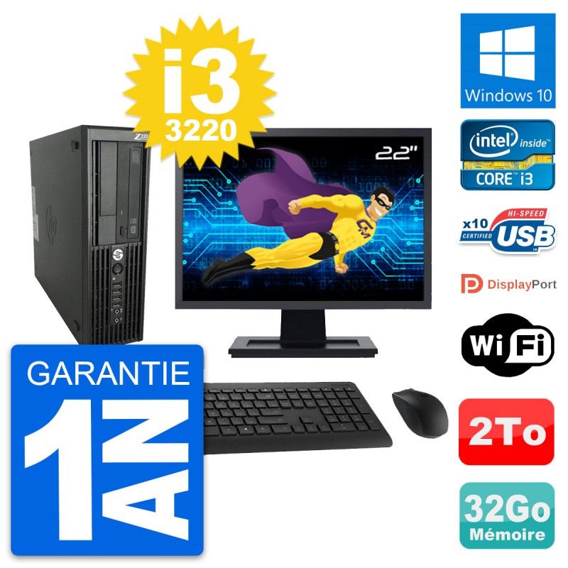 Ordinateur de bureau HP WorkStation Z220 SFF - Écran 22'', Intel Core i3-3220, 32 Go RAM, 2 To HDD, Windows 10, Wi-Fi