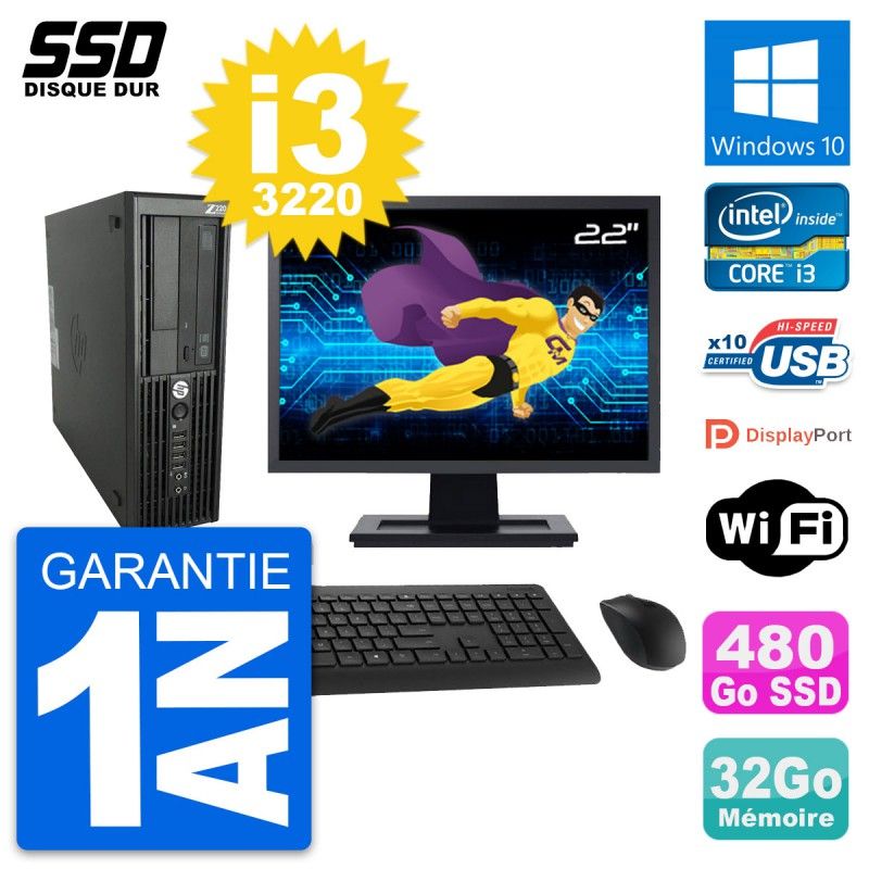 Ordinateur HP WorkStation Z220 SFF - Écran 22'', i3-3220, 32 Go de RAM, 480 Go SSD, Windows 10, Wifi
