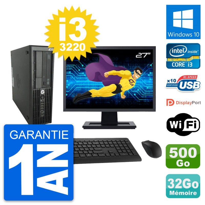HP Z220 SFF Desktop Computer - 27" Screen, Core i3-3220, 32GB RAM, 500GB HDD, Windows 10, WiFi