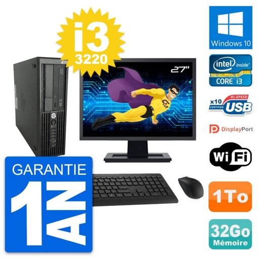 HP WorkStation Z220 SFF Computer - 27" Screen, i3-3220, 32GB RAM, 1TB HDD, Windows 10, Wi-Fi