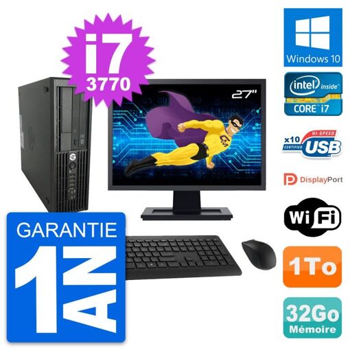 Estación de trabajo HP Z220 SFF - Pantalla de 27 pulgadas, procesador Intel Core i7-3770, 32 GB de RAM, disco duro de 1 TB, Windows 10, WiFi integrado
