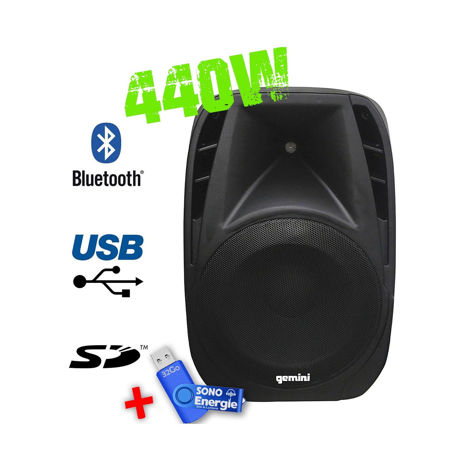 Gemini ES10BLU Active Speaker with Bluetooth, 10" Woofer, USB 32GB