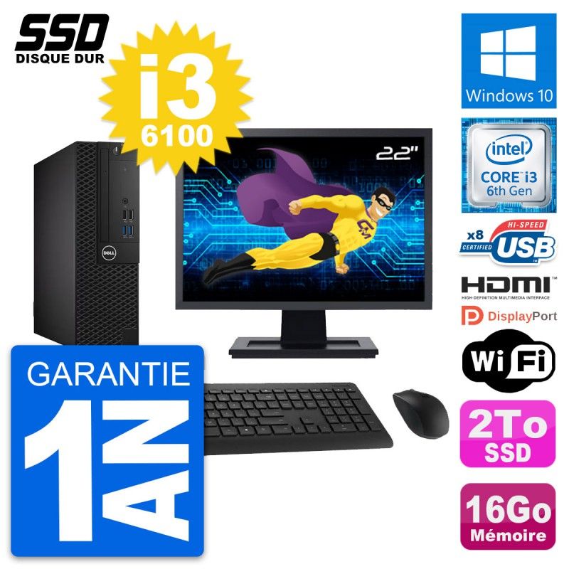 Dell OptiPlex 3050 SFF PC - 22" Screen, Core i3-6100, 16GB RAM, 2TB SSD, HDMI, WiFi
